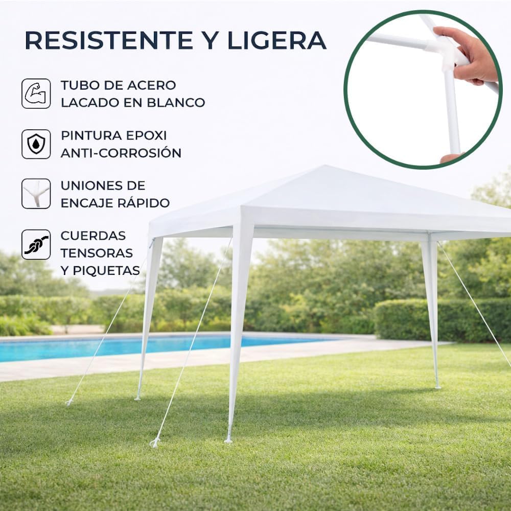 Carpa Desmontable 3x3 m Impermeable Blanca – Estructura de Acero Resistente, Cubierta de Rafia, Incluye Piquetas y Vientos – Ideal para Jardín, Eventos y Mercado