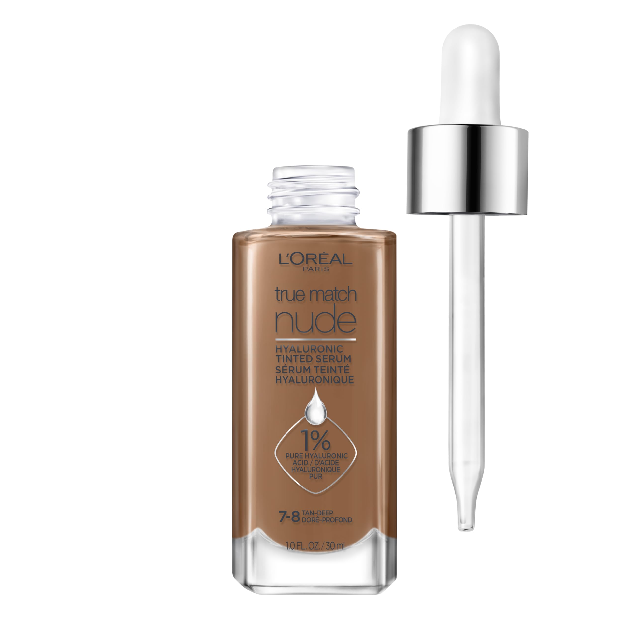 L'Oreal Paris True Match Nude Hyaluronic Tinted Serum Foundation with 1% Hyaluronic Acid, Tan-​Deep 7-​8, 1 fl. Oz.