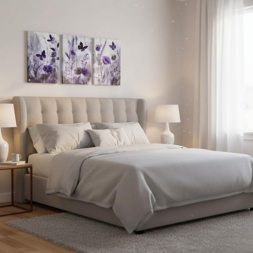 NutArtPic Botanical Canvas Wall Art Framed Wildflower Paintings Poppy Pictures Purple Artwork Minimalist Bedroom Bathroom Kitchen Wall Art(Purple Small)