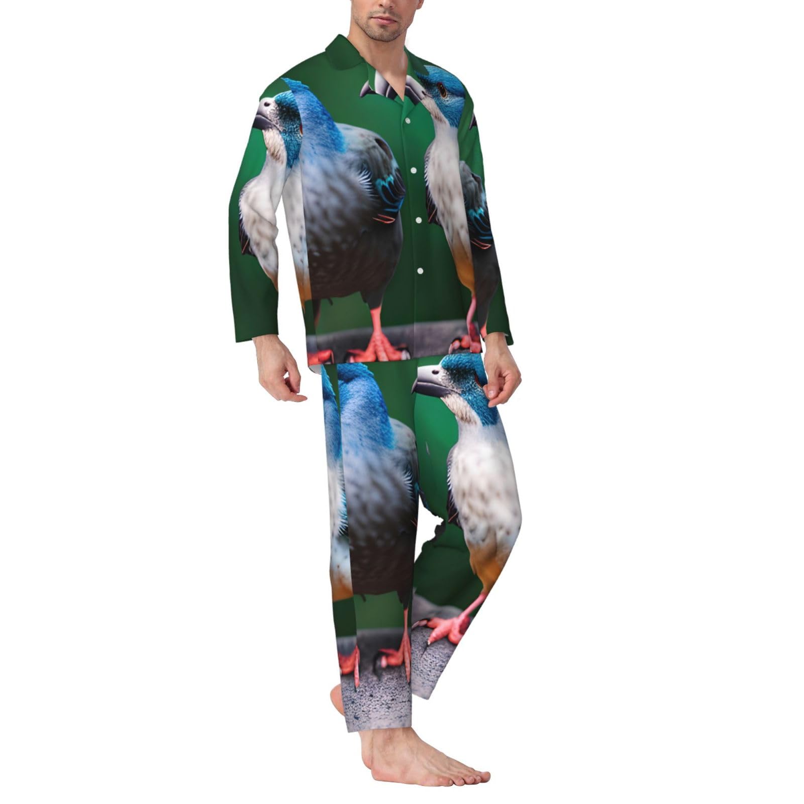 Zweiteiliges Pyjama-Set für Herren, langärmelig, mit zwei Vögeln, bequeme Nachtwäsche