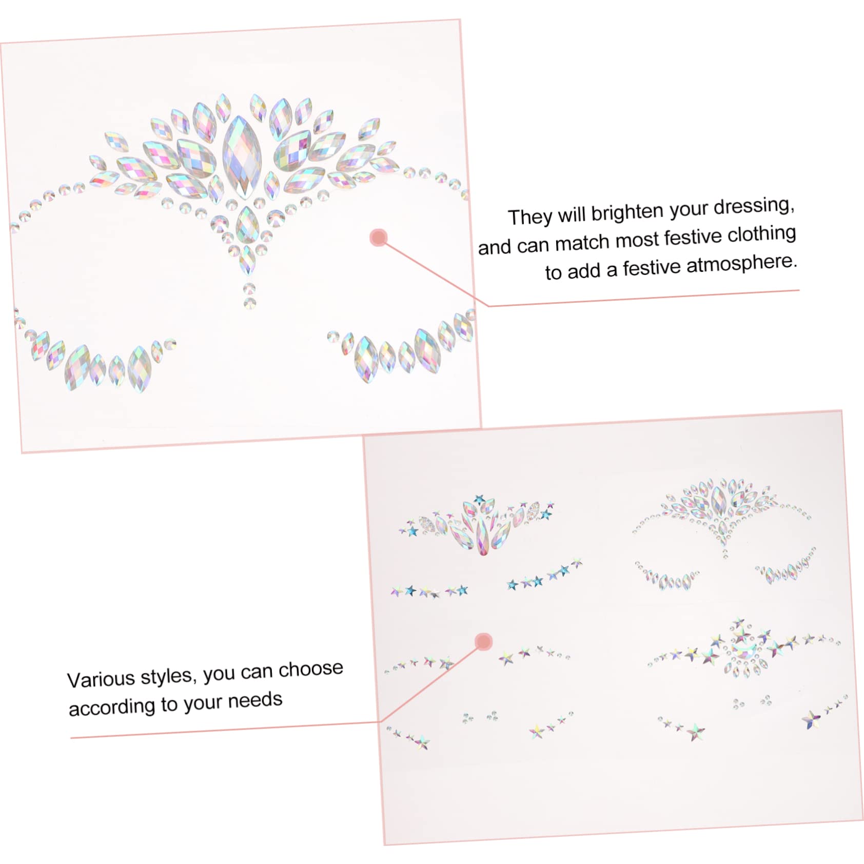 PACKOVE 4Sheets Facial Rhinestone Stickers Self Adhesive Face Gems Decals for Makeup Decoration Material Reusable Fashionable Designs for Festivals and Parties