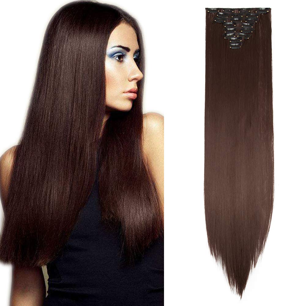23"(58cm) SEGO Extensiones de Clip Pelo Sintético Se Ve Natural 8PCS [Arena Oscura mezcla Rubio Claro] Cabello Liso Largo Postizos Pelucas para Mujer (140g) — view 11