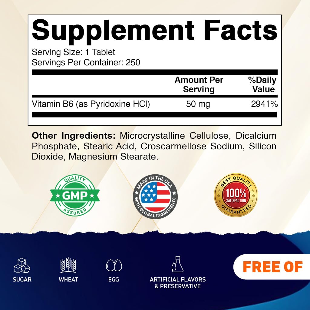 Vitamatic Vitamin B6 50 mg as Pyridoxine HCl, 250 Vegetarian Tablets — Amazon image 2