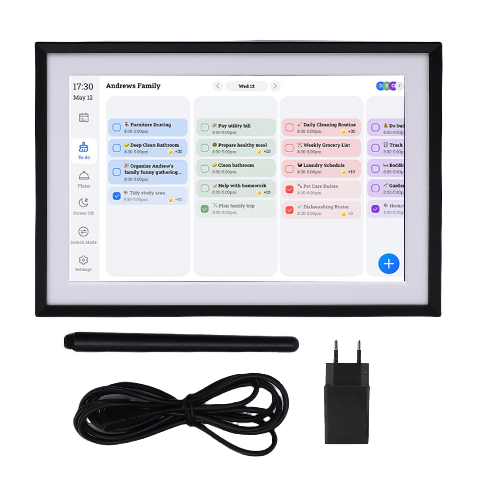 Fockety 10,1-Zoll-Digitalkalender und Aufgabentabelle, Interaktives Elektronisches Touchscreen-Display für Familienpläne, Intelligenter Familienplaner mit Essensplaner, Bilderrahmen (EU)