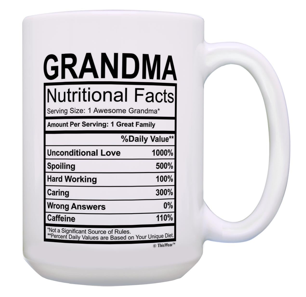 Grandmother Gifts 1 Awesome Grandma Nutritional Facts Mug for Grandma 15-oz Coffee Mug Tea Cup White