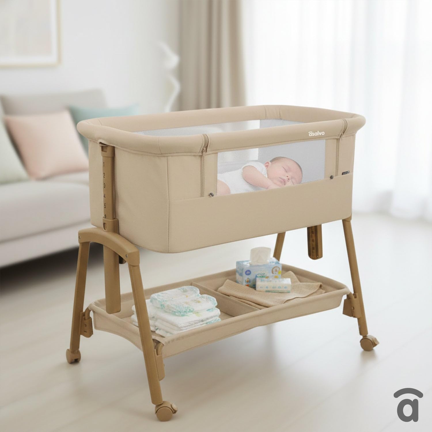 Asalvo Smart - Lettino 2 in 1 con 7 altezze regolabili, ruote con freni, materasso incluso, mini culla per neonati (beige)