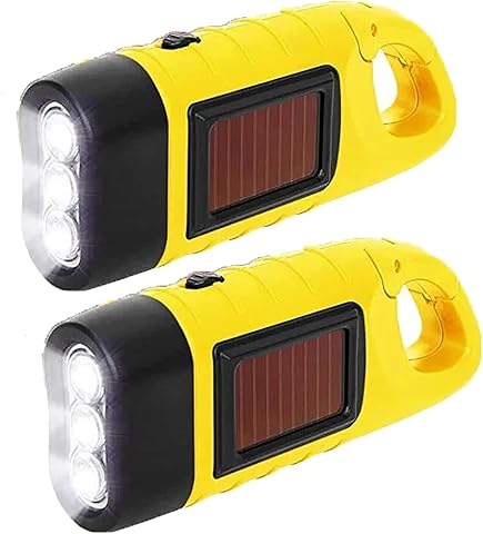 Linterna LED 2 unidades, Linterna LED Solar, linterna de manivela, LED, recargable, resistente al agua Torch Light con mosquetón para colgar al aire libre, senderismo, regalo, equipo de emergencia