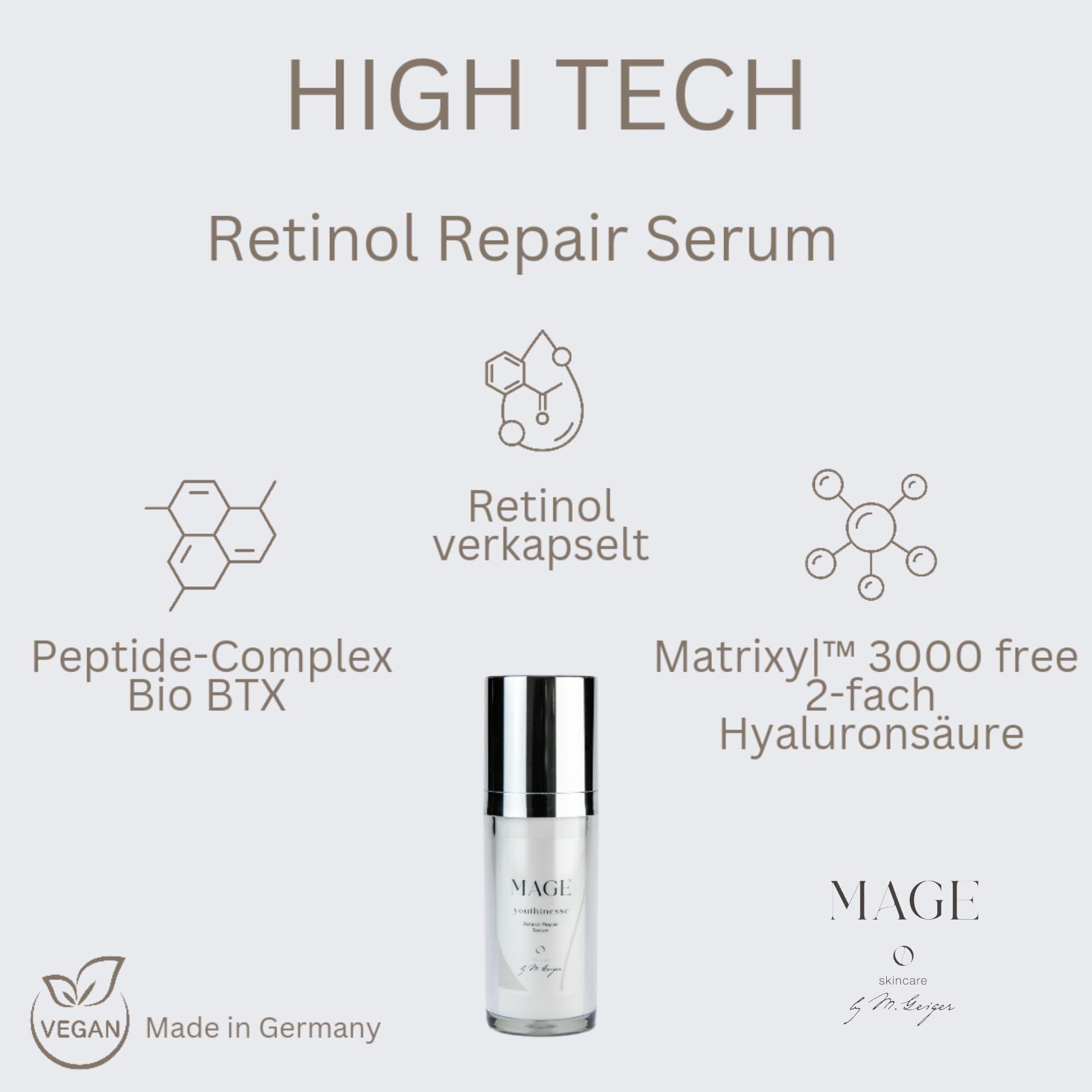 MAGE Sérum réparateur au rétinol - Sérum visage anti-âge avec vitamine A - Soin du visage pour réduire les rides - Pour une peau lisse - Sans parfum - Végétalien - Fabriqué en Allemagne