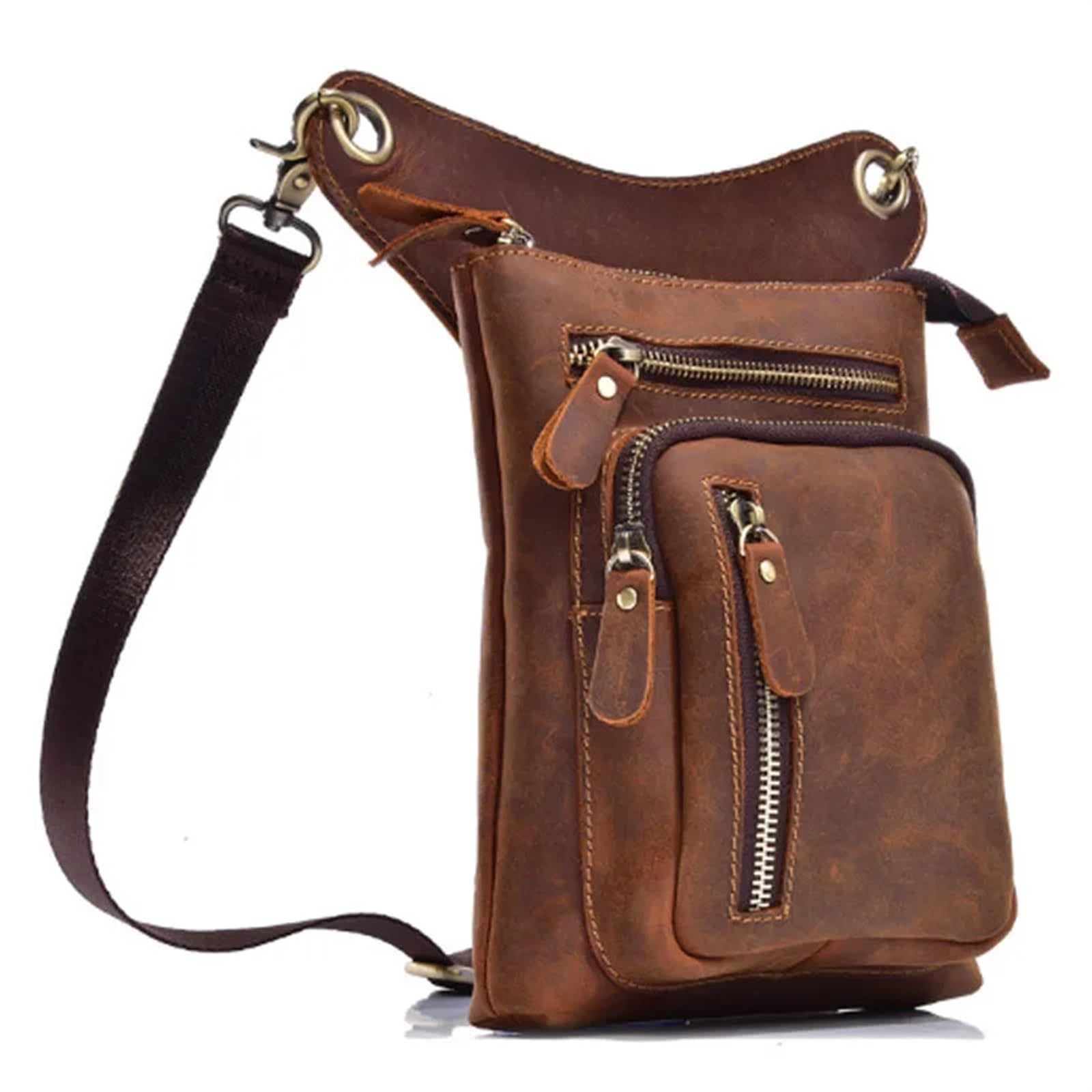 Borsa da Gamba a Goccia in Pelle di Mucca da Uomo, Marsupio da Motociclista, Marsupio da Cintura, Marsupio in Vera Pelle per Le Avventure all'aperto, Il pendolarismo(Brown)