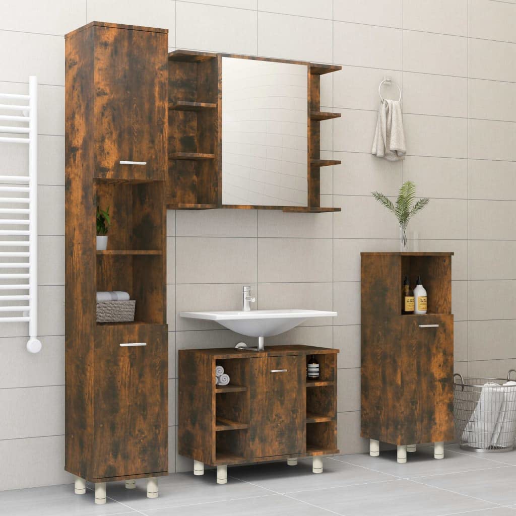 Armario de baño de roble ahumado de madera de 30 x 30 x 95 cm con 3 compartimentos y puerta, independiente, soporte alto, soporte de pared para baño, lavadero e inodoro de invitados