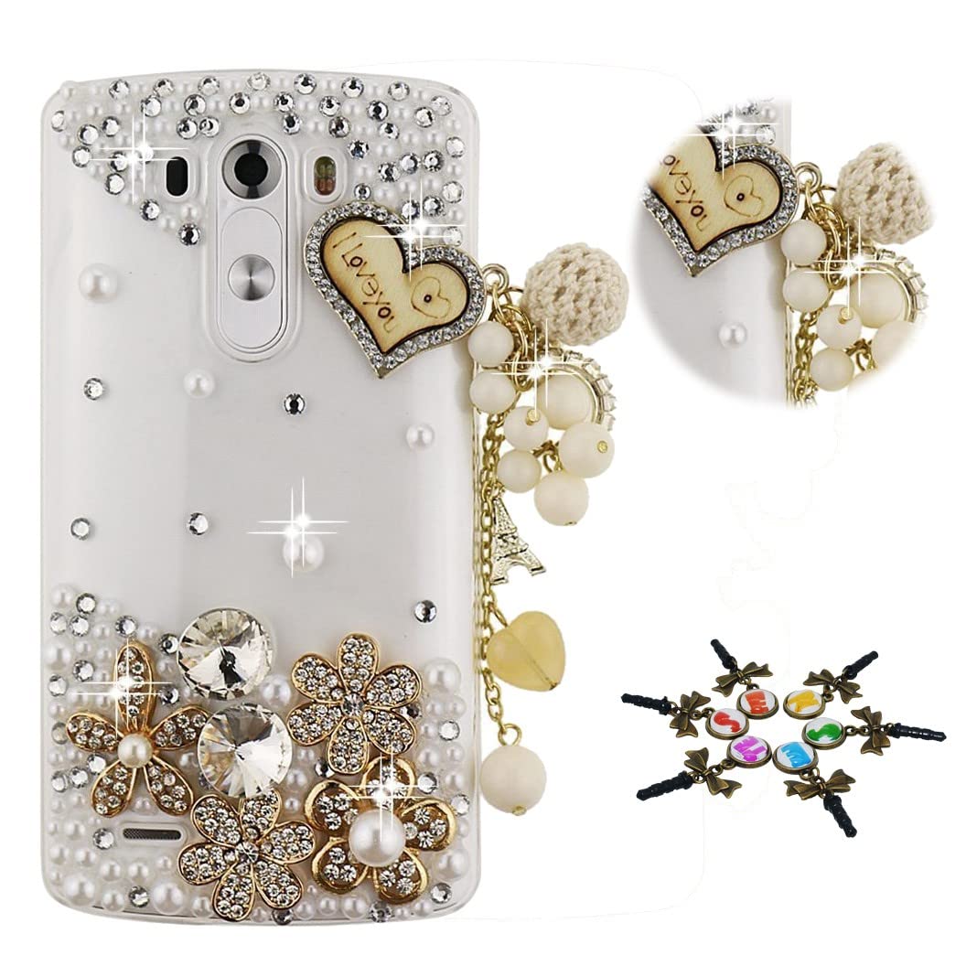 STENES Bling Phone Case Compatible with LG K52 Case - Stylish - 3D Handmade [Sparkle Series] Heart Pendant Flowers Sparkly Diamond Rhinestone Design Cover Case - Gold