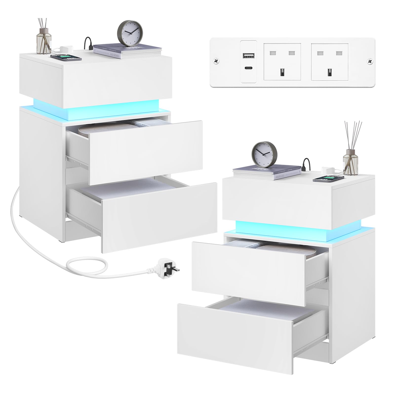 WOLTU Bedside Tables Set of 2, Nightstands with Charging Station, LED Night Tables, with 2 Sockets, 1 USB Port and 1 Type-C Port, 2 Drawers, White, NTS23ws-2 โ image 1