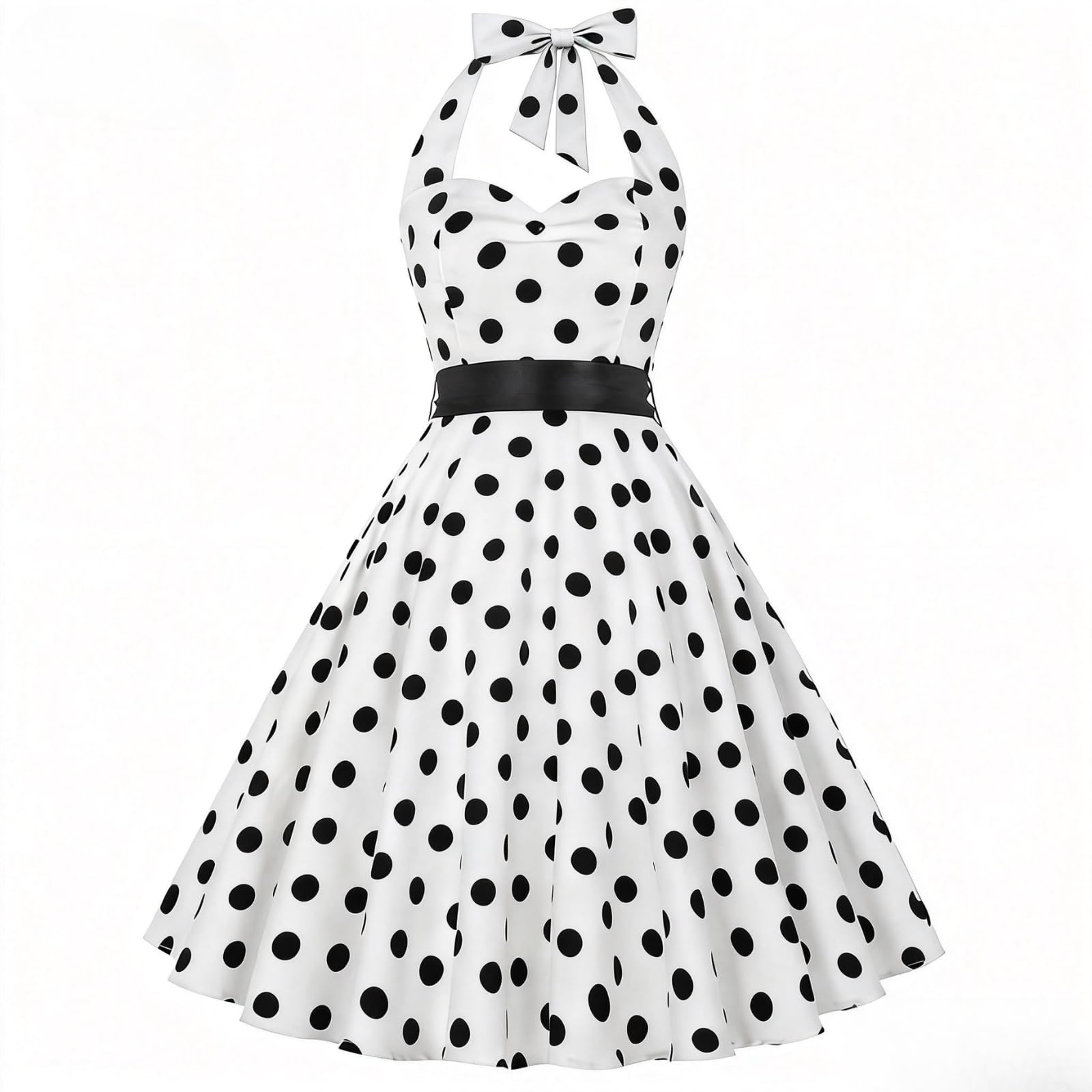 HAPNBCELE Vintage Dress 1950s for Women, Tea Party Halter Polka Dots Dresses Picnics Summer Vacation Beach Outfits Slim Fit (Medium, White)