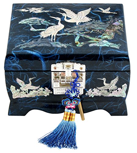 Fun-Store Nacre Inlay Mother of Pearl Music Jewellery Storage Chest Wooden Box Crane with Pin Tree Design Jewelry Mirror Box Keepsake Treasure Gift Box Trinket Case Organizer (Blue)