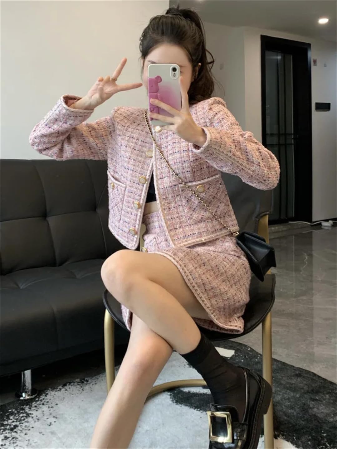 Women Crop Top Woolen Short Jacket Coat Mini Skirts Sets Pink Two Piece Suits