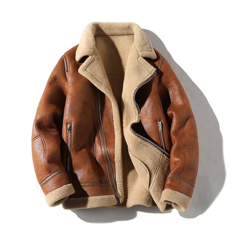 Men's Camel Stylish Flying Leather Jacket B3 Bomber Jacket Real Shearling Aviator Sheepskin Flight Winter Coat Camel 5XL