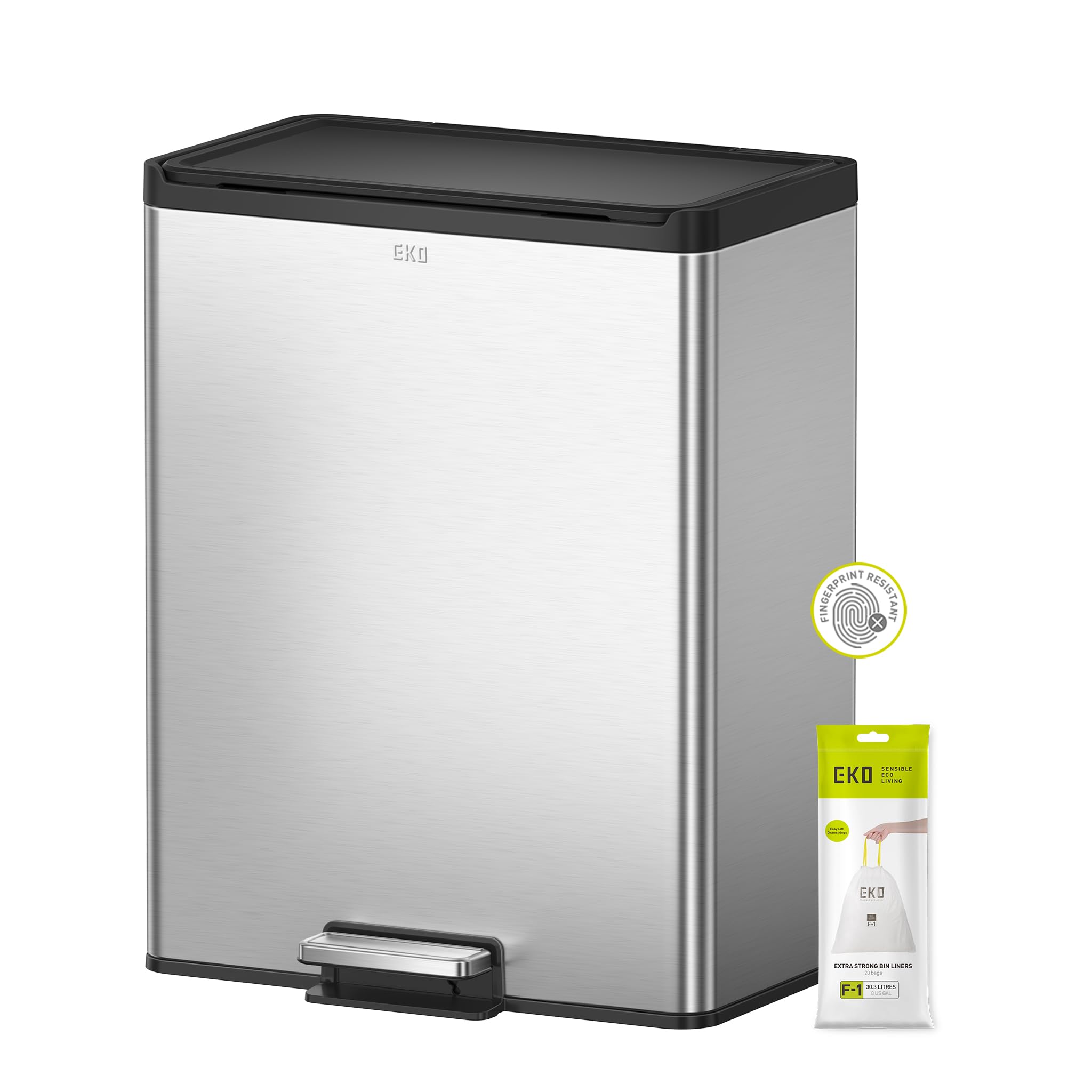 EKO Essential 40L Rectangular Kitchen Step Bin, 2 × 20L Recycling Compartments with Soft-Close Lid, Stainless Steel Pedal and Fingerprint-Resistant Finish for Waste & Recycling — image 1