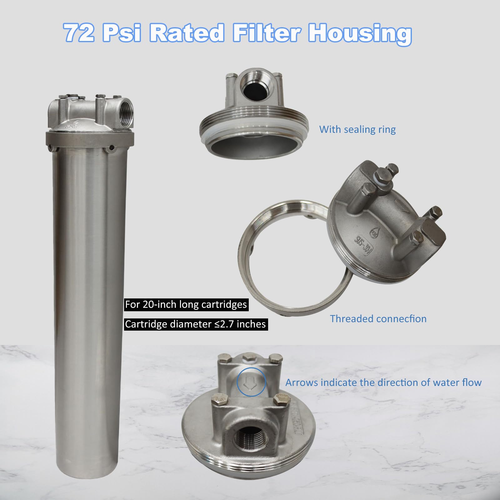 BEILOCKERY 20 inch Heavy-Duty Water Filter Shell Housing Water Filter System Compatible Stainless Steel 1 inch NPT Inlet with Bracket and Wrench Pin