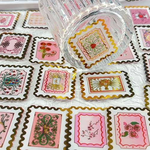 Image of 50 PCS Cartoon love stamps Stickers Aesthetic PET Stickers Gold Stamp Decal Waterproof Decorative Decals for Scrapbook DIY Crafts Album Bullet Journal Planner Water Bottles Laptop Phone (Gold stamp-B)