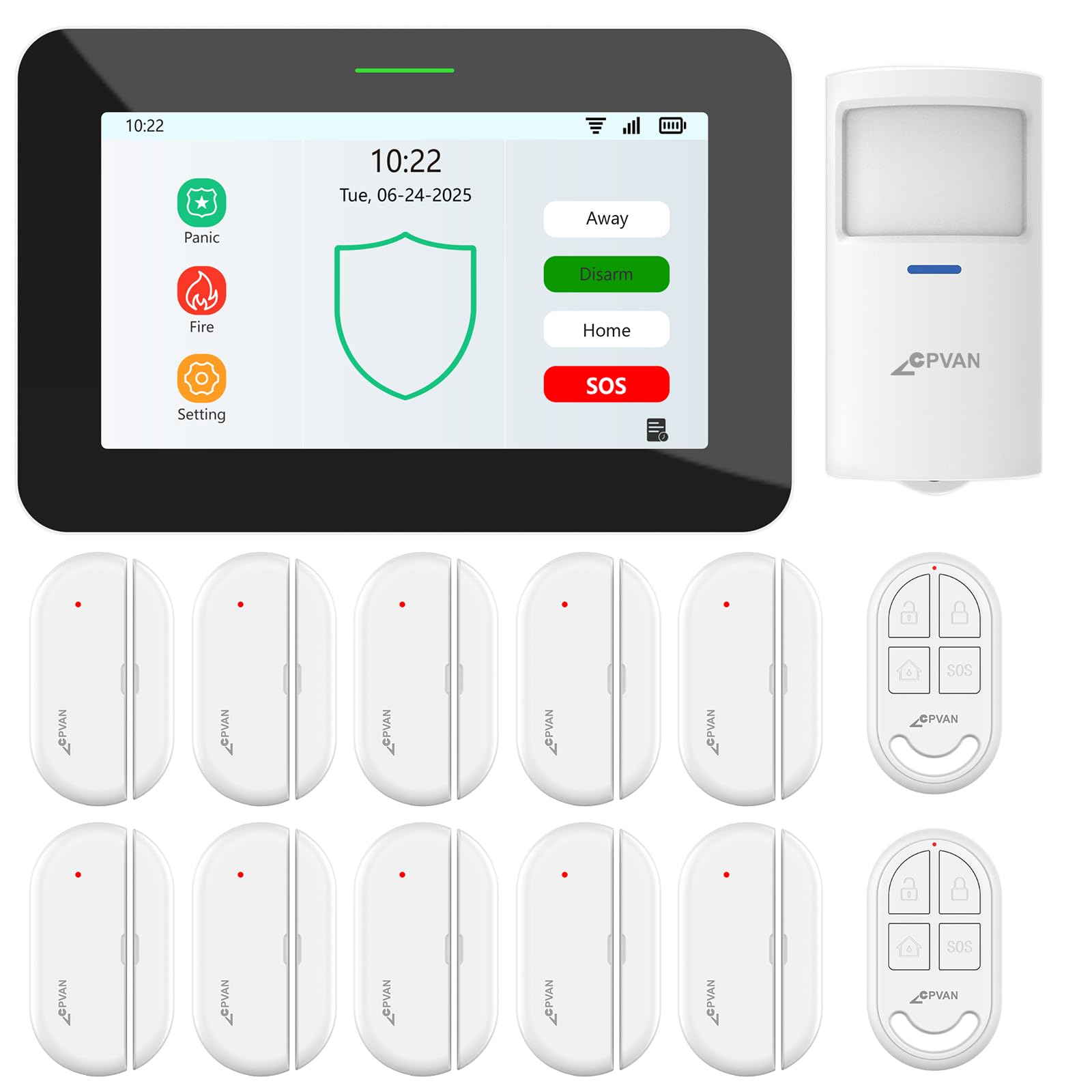 CPVAN gsm + WiFi Alarmas para Casa con Pantalla Táctil de 7", Sin Contrato, 110dB Sistema Inteligente Completo con Alerta por App/SMS/Llamada,14 Piezas
