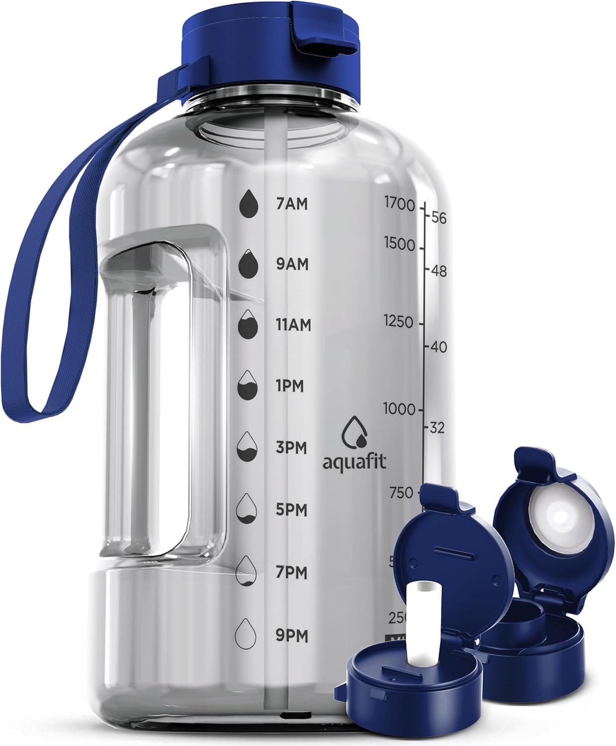 AQUAFIT 2L Water Bottle with Straw - Half Gallon Water Bottle - Motivational Gym Bottles 2L - 2 Liter Bottle Time Marker - Half Gallon Water Jug 64 oz - Large Water Bottle - Clear, 2 Lids