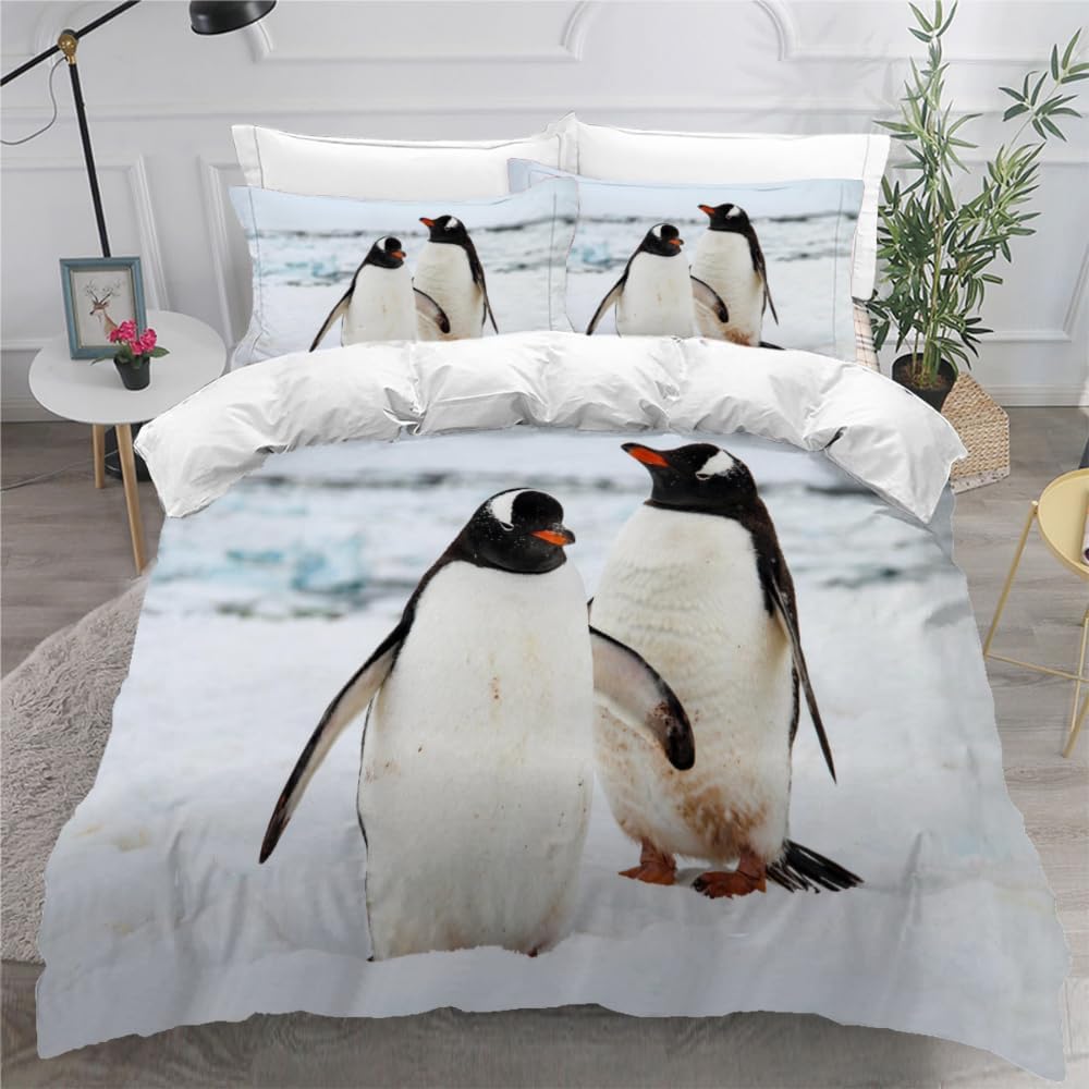 MEVASA Kids Bedding Penguin Duvet Cover Set - Girls & Boys, Winter Snow Fluffy Microfiber Hypoallergenic Single Duvet Cover 3 Pieces /135x200