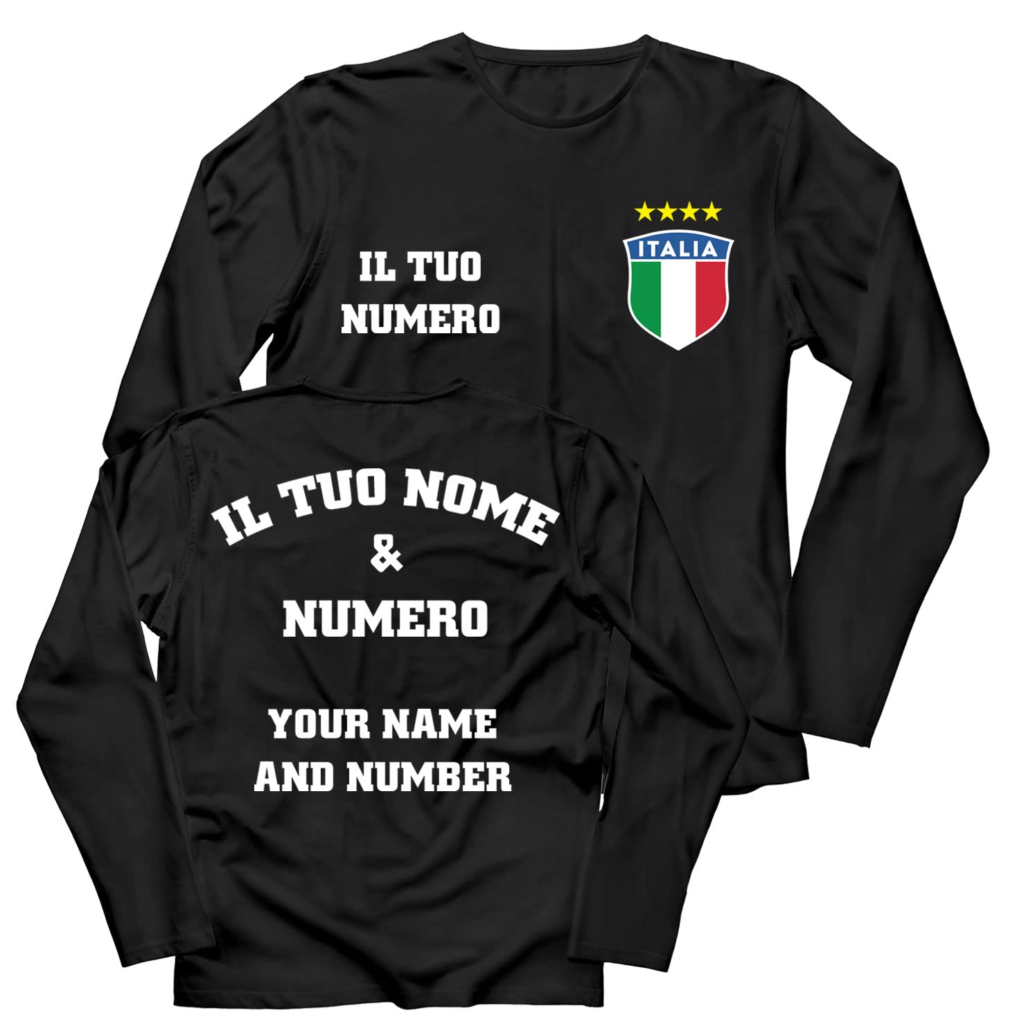 lepni.me Mens Personalised Long Sleeve Football Jersey Italy T-Shirt| Your Name and Number | Italian Flag Badge | Football Championship (S Black Multi Color)