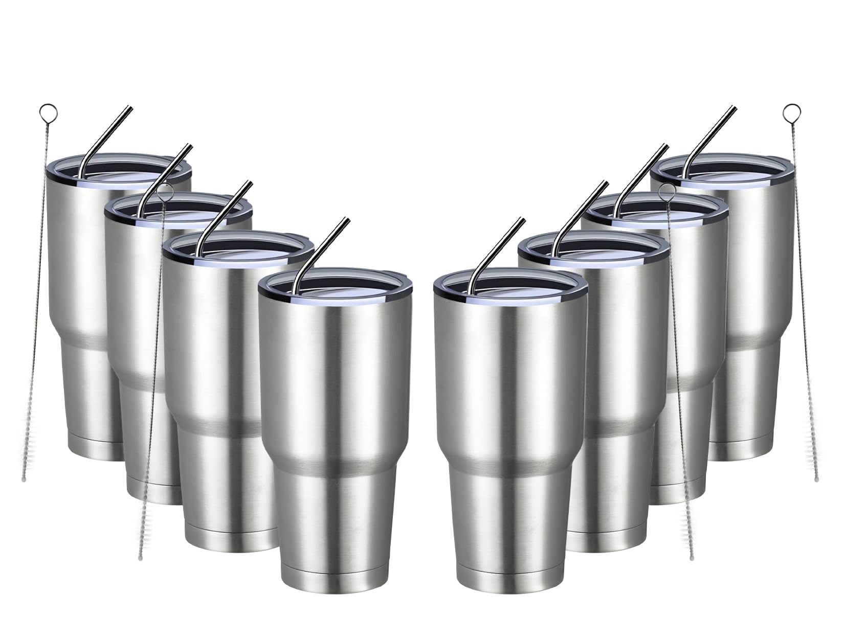 MEWAY 30oz Insulated Tumbler With Lids and Straws,Stainless Steel Double Vacuum Coffee Tumbler Cup, Brush, Durable Powder Coated Coffee Cup for Cold & Hot Drinks, Office, Travel(Silver,8 PACK)