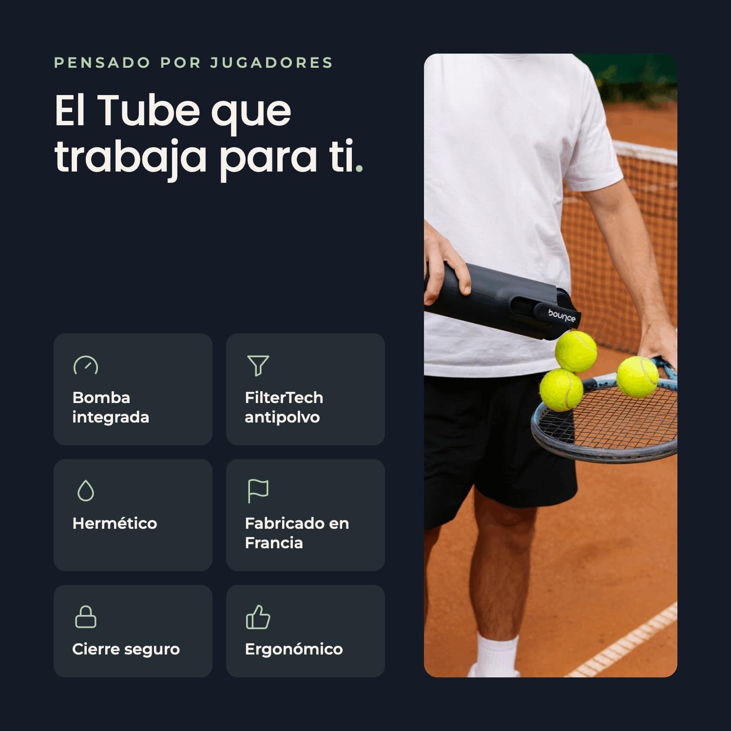 Bounce Tube FilterTech - Presurizador de Pelotas de Tenis | Vida Útil x3 – Estanqueidad Reforzada 3 Semanas – Bomba Integrada Patentada – Made in France