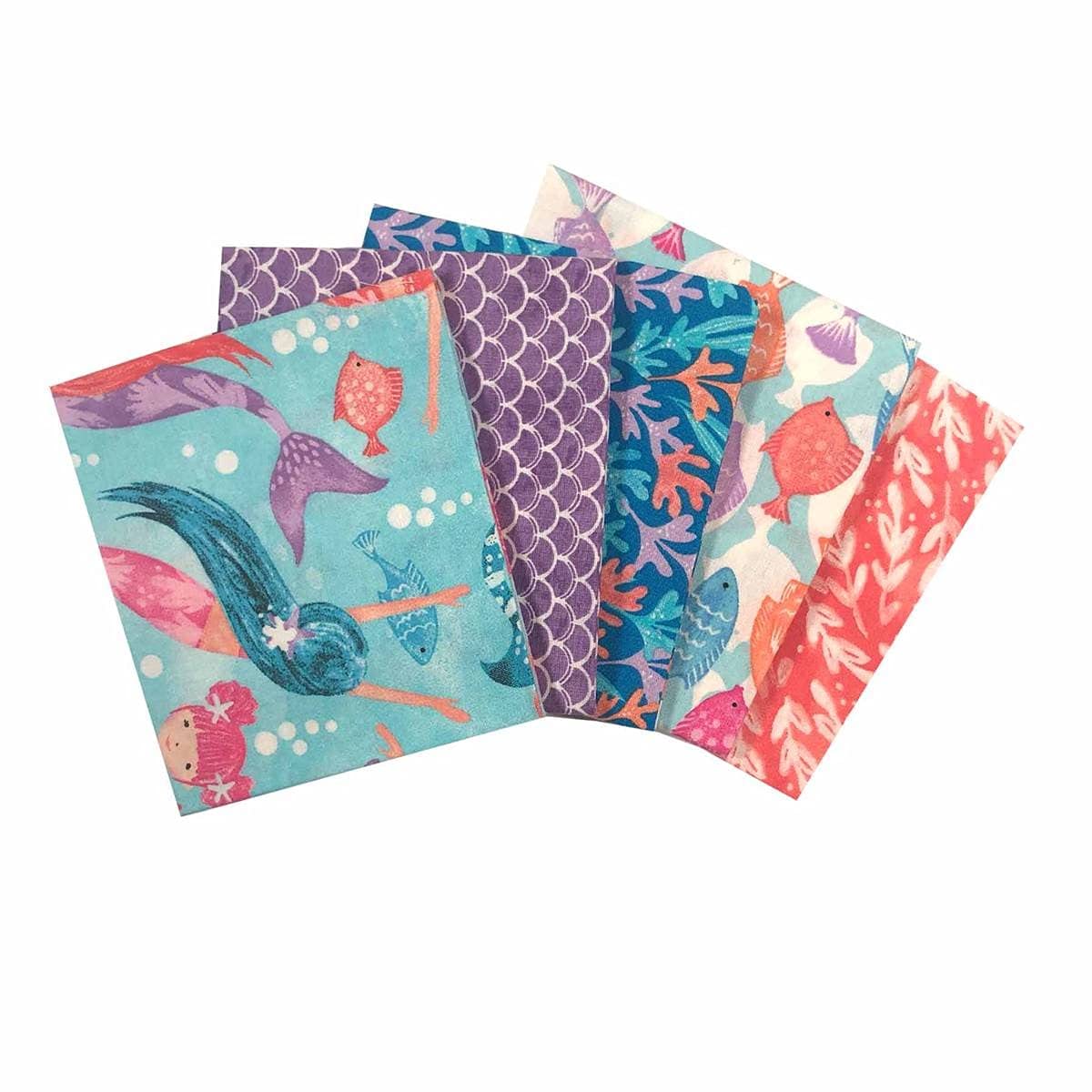Mermaid Society Cotton Fat Quarters Bundle 5 Pack Fabric - 100% Cotton (Ideal for Quilting, Nursery Fabric, Baby Girl Fabric), Multicolor