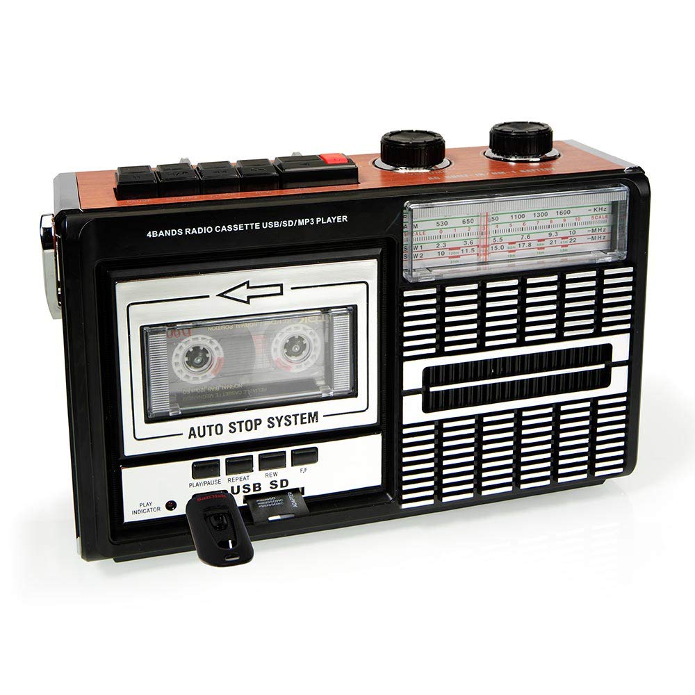 Ricatech PR85 – Lecteur de cassettes et enregistreur des années 80, Radio AM/FM/SW, USB, Port de carte SD, Microphone intégré, Arrêt automatique, Poids léger, haut-parleurs intégrés de 8 watts