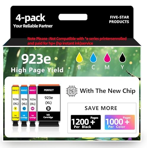 923e 923XLInk Cartridges with Chip 4-Pack High Yield for HP 923 923e Ink Compatible for HP OfficeJet Pro 8135e 8138e 8139e 8122e 8120 8123 8130 8133 Printers (1Black 1Cyan 1Magenta 1Yellow)