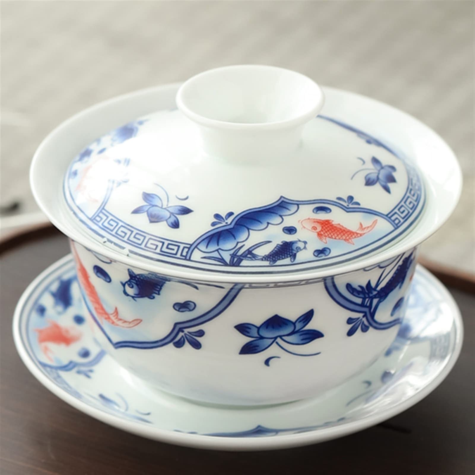 BATLAM Teetasse Blaue und weiße Porzellan-Abdeckschale Teetasse Große einzelne Teeschale Weißes Porzellan-Tee-Set Seladon-Teezubehör (Color : Clear) (Armeegrün)