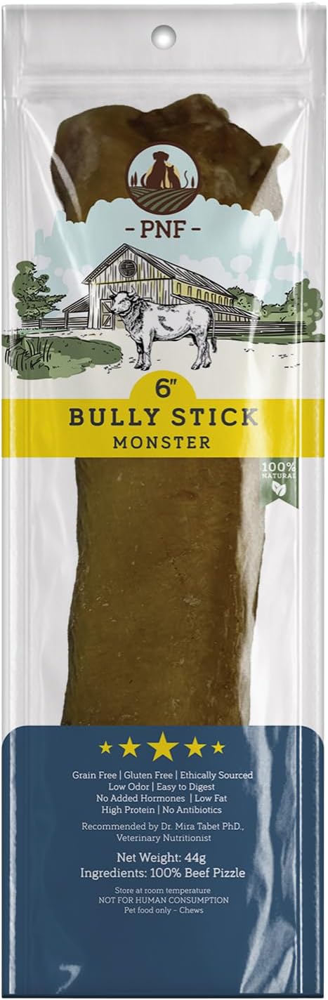 6" Bully Stick (Monster) - 1 Piece - Long Lasting Dog Chew, Made from Antibiotic free, hormones free Beef - Ideal for Larger Breeds