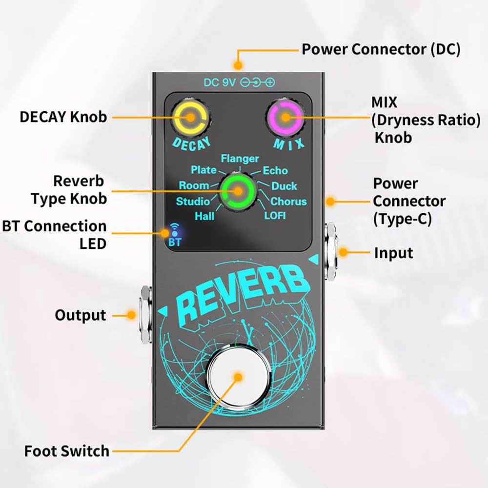 Pedal de efectos de guitarra Reverb digital para guitarra Pedal de efectos de guitarra con 9 reverberaciones diferentes Acompañamiento inalámbrico Perillas de control luminosas DECAY/MIX con by