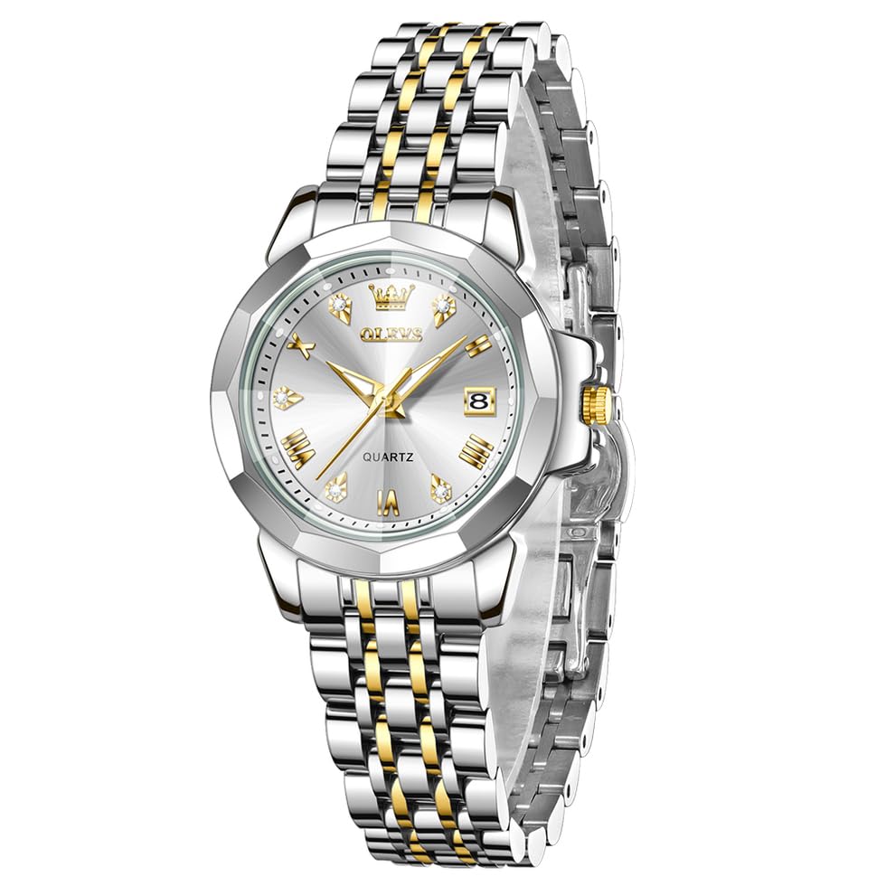 Image of OLEVS Womens Watch Fashion Diamond Analog Gifts Watches for Ladies Quartz Stainless Steel Casual Roman Waterproof Luminous Calendar Wristwatch