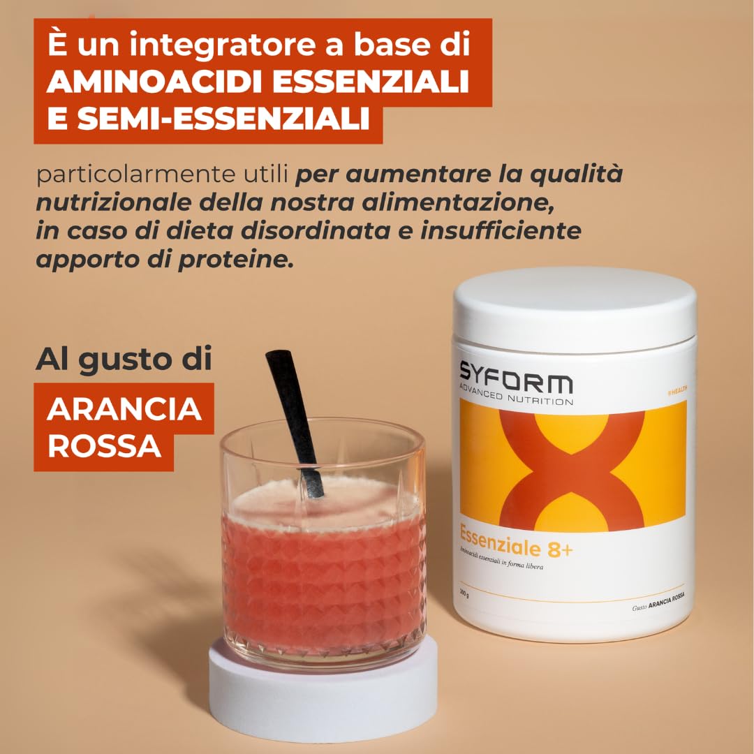 ESSENZIALE 8+, Aminoacidi essenziali e semi-essenziali in forma libera, Adatto ai vegani, Senza Glutine, Senza Lattosio, ARANCIA ROSSA 300 G