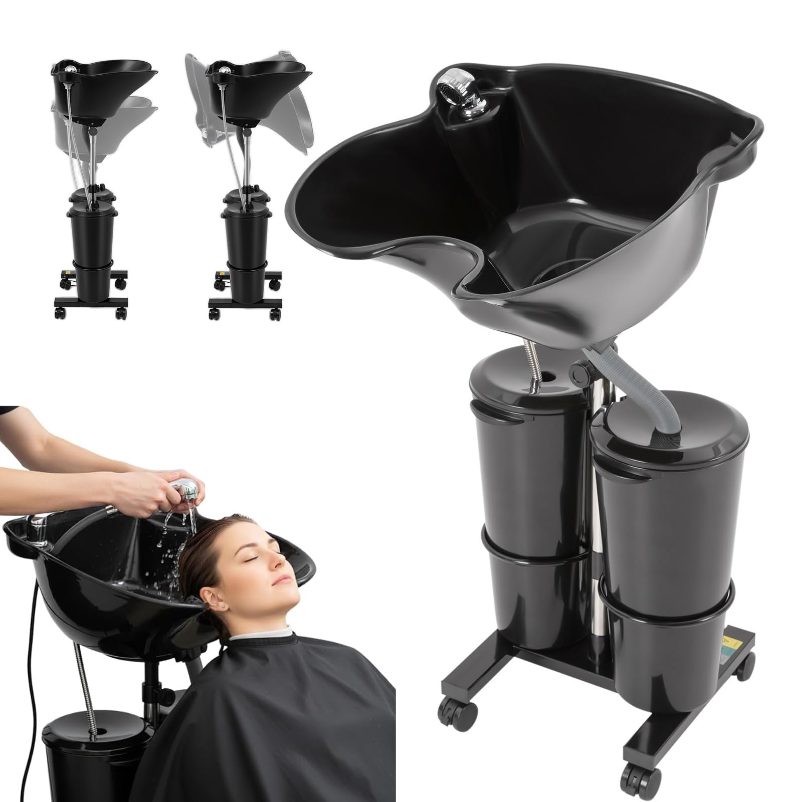 Miiwwowo Black Portable Shampoo Basin, Height Adjustable Hair Washing Sink With 2 X 10L Buckets, Electric Pump, Drain Pipe, 4 Wheels, For Salon Barber Home Use And Limited Mobility,