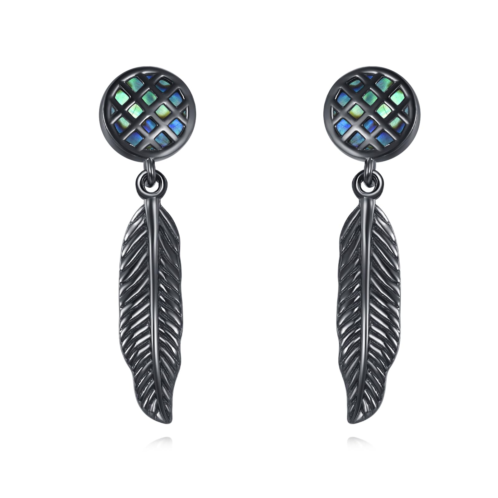 YAFEINI Pendientes de pluma negra de plata de ley 925 con concha de abulón, pendientes colgantes bohemios, regalo para mujeres y hombres, accesorios punk