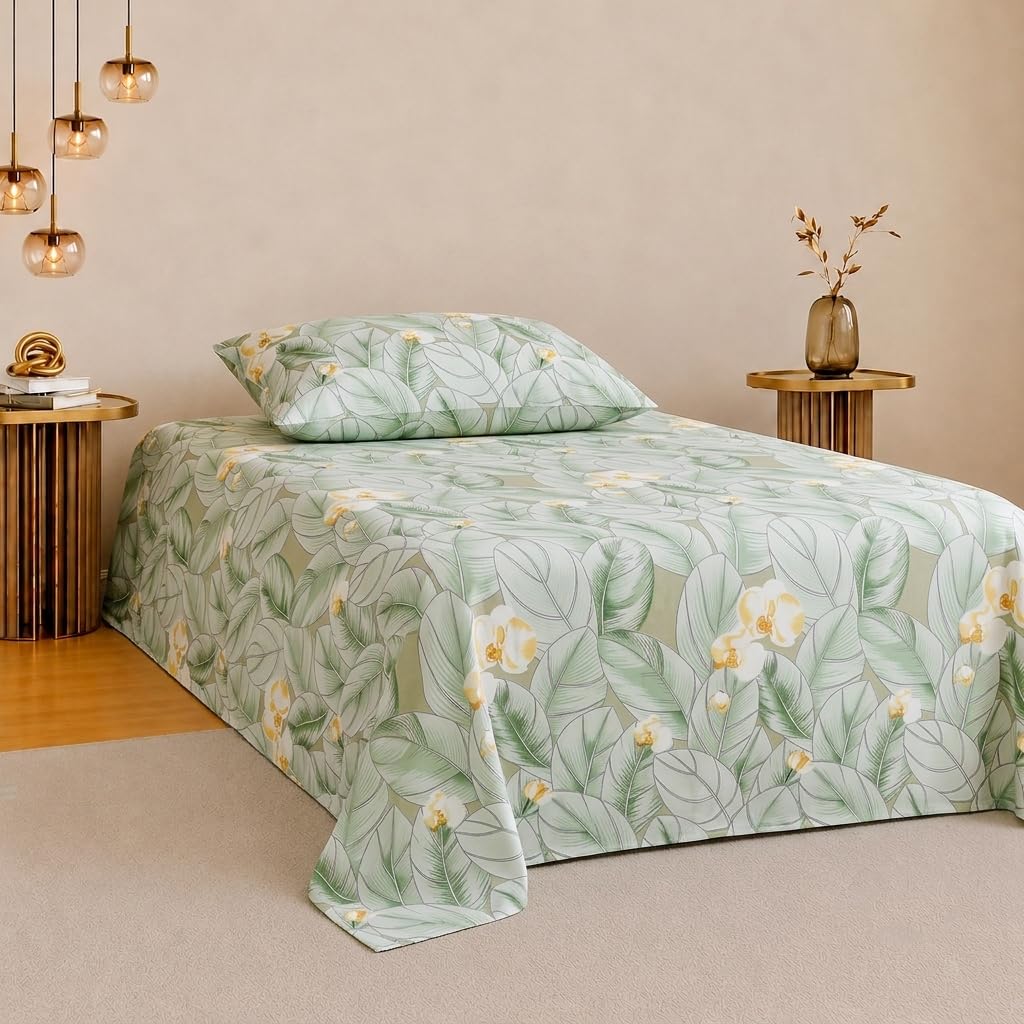 Home Stylish 280 TC Floral Print Ezyption Cotton 1 Single Bedsheet with 1 Pillow Cover Light Green