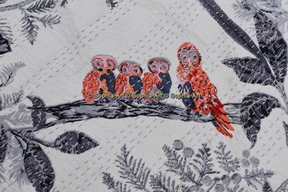 Sophia-Art New Handmade Indian owl Printed Kantha Quilt owl Blanket Throw purè Cotton King Size Kantha Quilt owl Printed Kantha Blanket (Gray, 60x90 Inches)