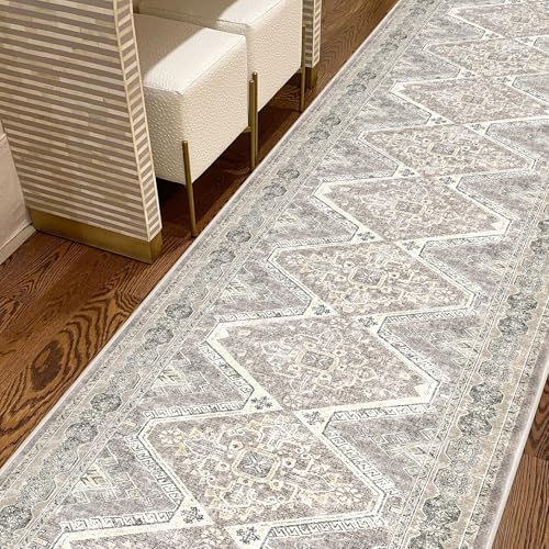 KUTA Oriental Washable Runner Rug, 2x12 Ivory Grey Yellow Runners for Hallways Non-Slip Kitchen Rugs Ultra Soft Printed Distressed Tribal Farmhouse Carpet for Bedroom Living Room Playroom