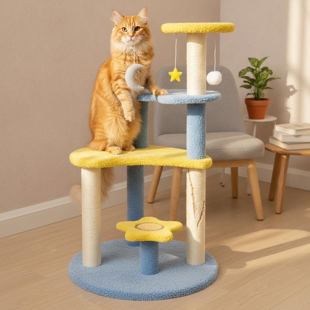 Tiragraffi per Gatti Grande Design, Tessuto, arrampicarsi, tema notturno, sisal, legno, per felini di taa robusta, graffiare