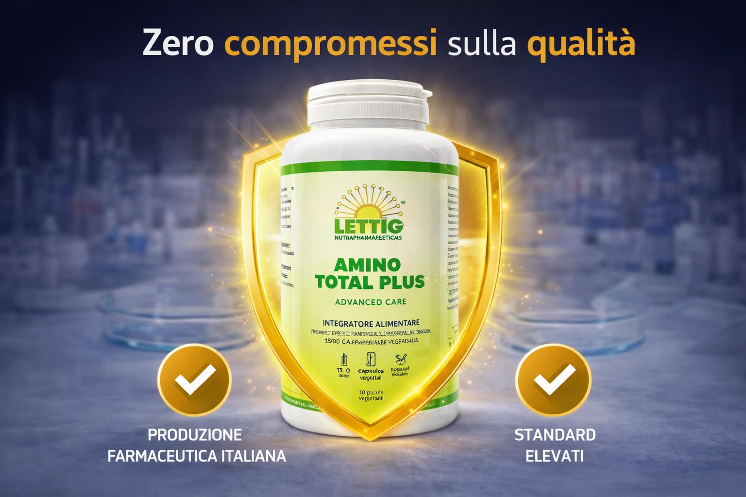 AMINO TOTAL PLUS – Integratore di Aminoacidi Essenziali | 100% Naturale | Prodotto in Azienda Farmaceutica Italiana | Standard GMP | Con GABA, Quercetina, Vitamina C e D3 – 120 Compresse