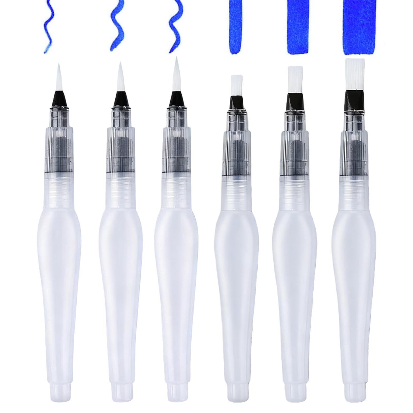 6 Pcs Refillable Watercolour Brush Pens – 155 mm Water Paint Brushes with Refillable Reservoir – Water Brushes with Fine, Medium and Large Tips for Watercolour Painting and Sketching (Oval White)