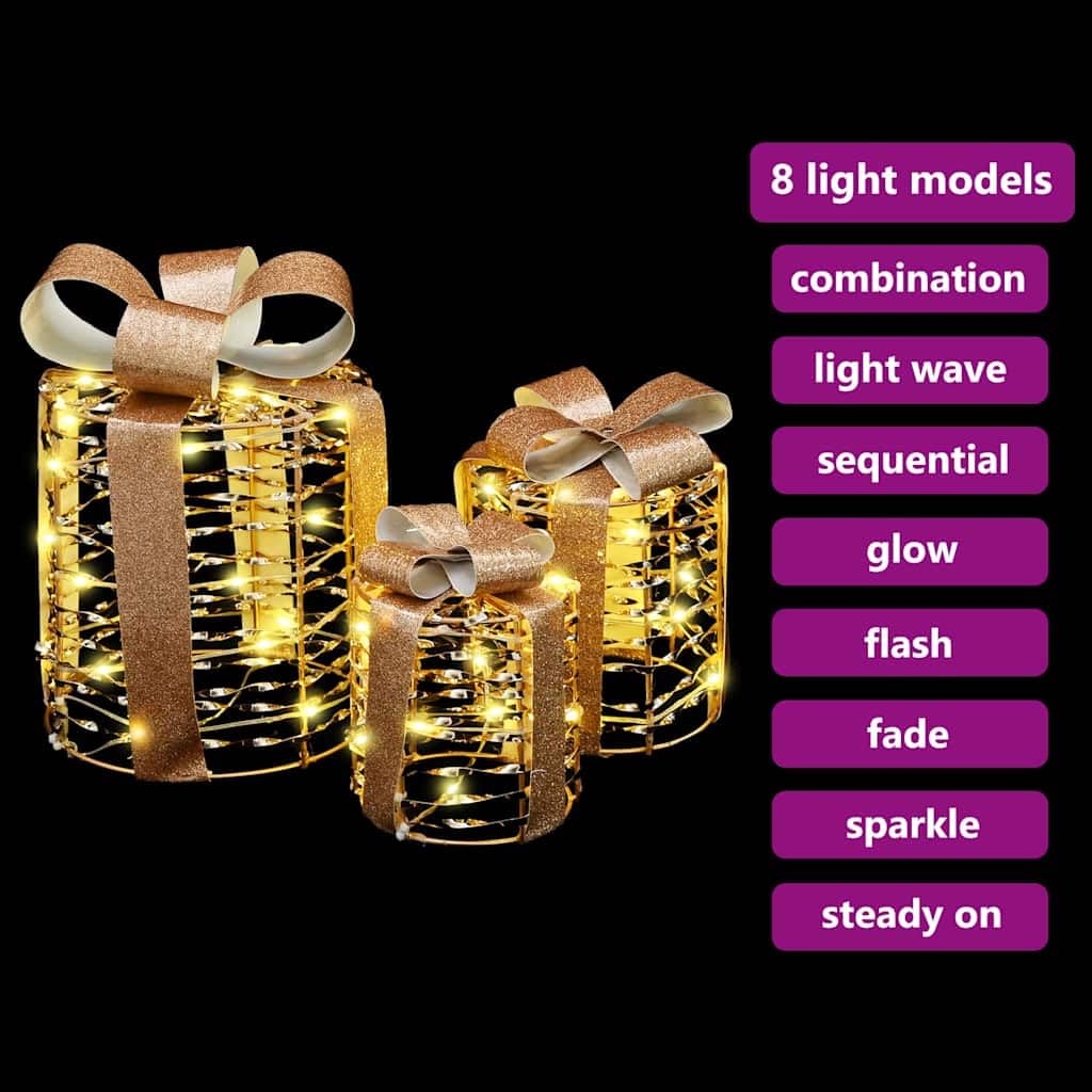 Pudełko na prezent, dekoracja 3 szt., ciepła biel, PET 20 x 20 x 20 cm ze źródłem zasilania LED USB do dekoracji choinki, ozdób choinkowych, ornamentów, gwiazd, dzwonków do salonu i wieńca