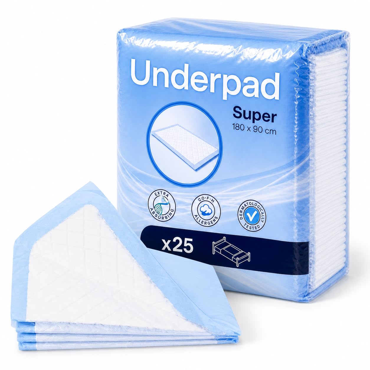 AMD Pack de 25 Empapadores Cama con Alas Adultos Desechables. Protector de Cama de un Solo Uso para Adultos. Cambiadores Desechables absorción Super AMD. Salvacamas Desechables de someter. (90x180).