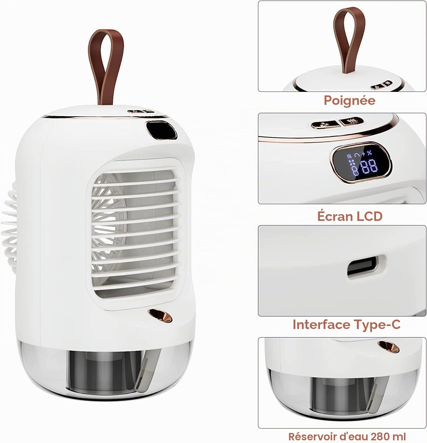 Climatiseur Mobile Rotatif, Mini Refroidisseur d'Air USB Multifonctionnel avec 3 Vitesses, Lumière de Nuit, Oscillation à 180°, Climatiseur Personnel Portable pour Chambre, Bureau