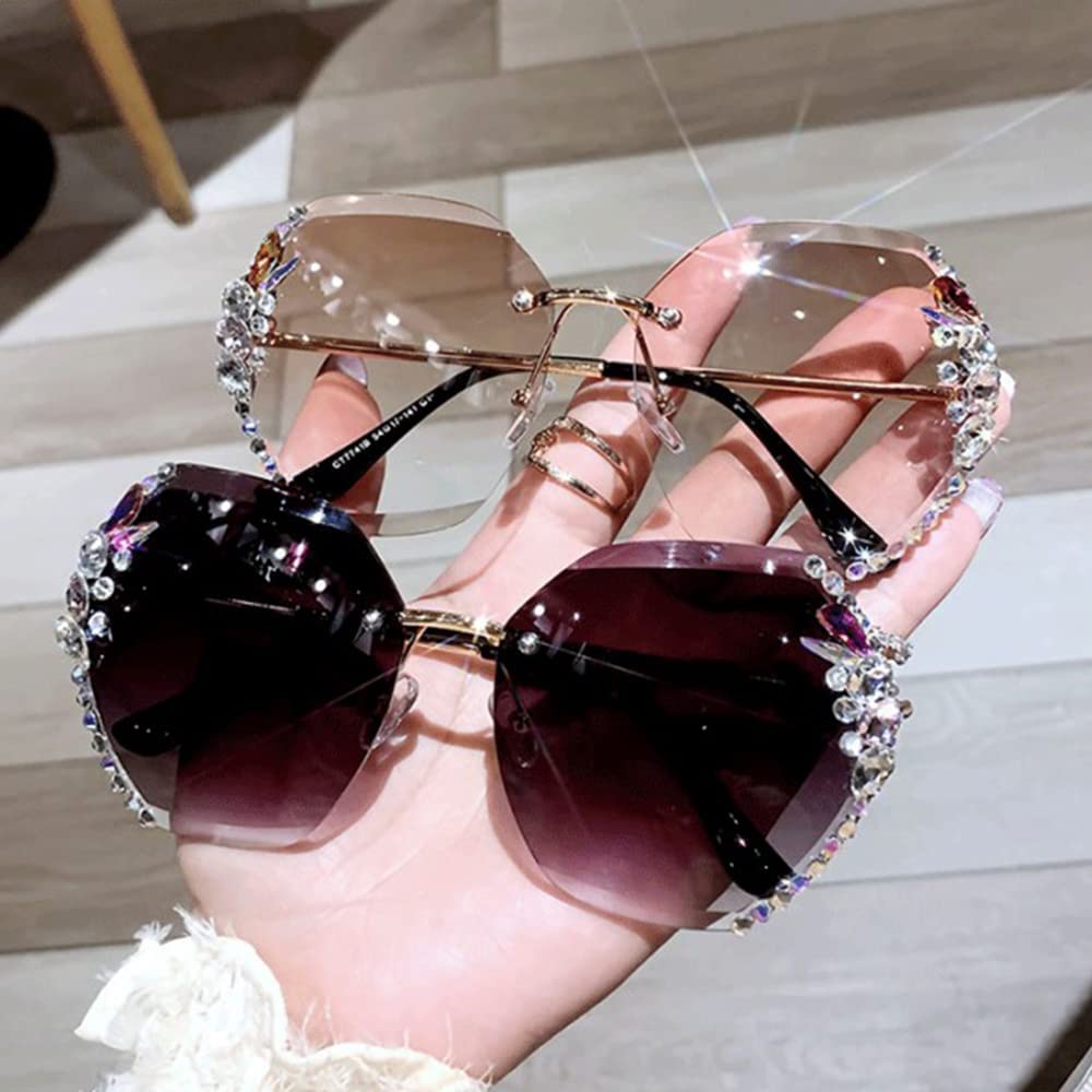 Gafas de Sol de Diamante sin Montura para Mujer 2022, Gafas de Sol de Diamante Degradado de Gran tamaño, Gafas de Sol de Cristal con protección UV