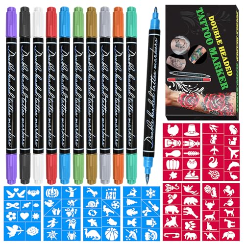 Penna per Tatuaggi Temporanei per Adulti, 10 pennarelli per la pelle con 80 stencil per tatuaggi, Asciugatura Rapida e Lavabile, per Feste, Carnevale, Halloween e Cosplay